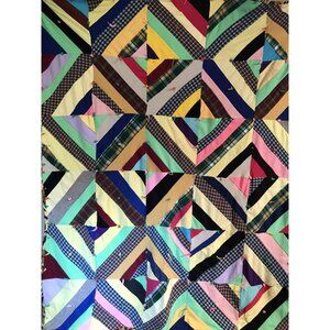 Vintage 1970s Quilt Diamond Strip Polyester Wool Striped Tiger Print Back Boho